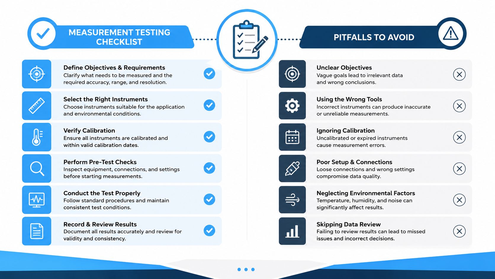 An infographic showing a measurement testing checklist on the left and common pitfalls to avoid on the right.
