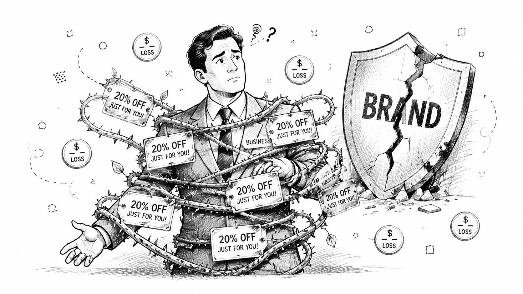 A businessman entangled in vines labeled with discounts standing next to a cracked brand shield.