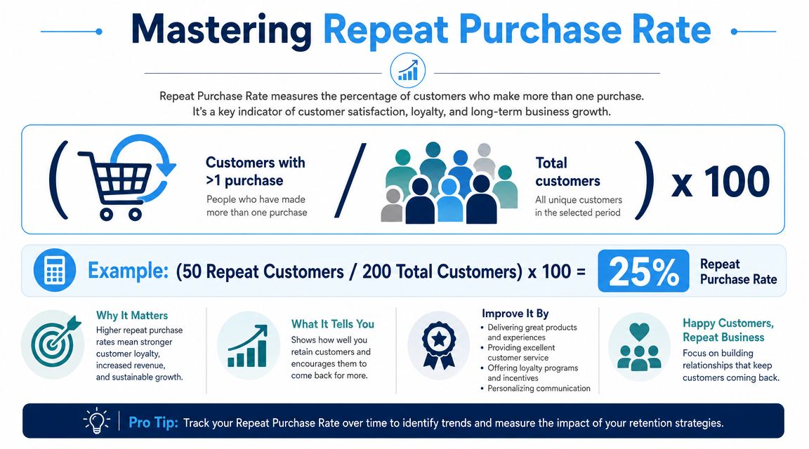 An infographic explaining how to calculate and improve repeat purchase rate for business growth and customer loyalty.