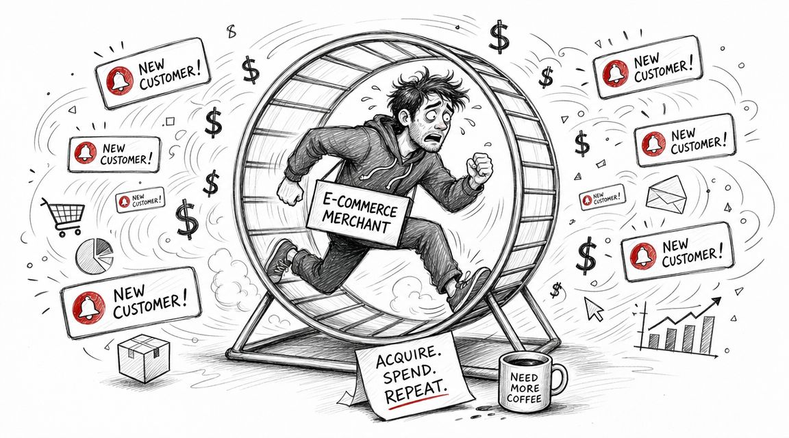 An exhausted e-commerce merchant running in a hamster wheel to keep up with acquiring new customers.