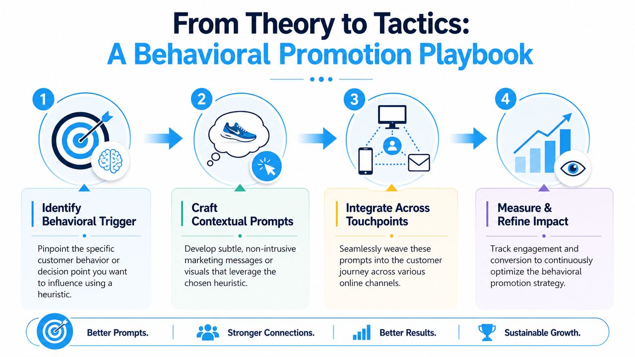 A four-step behavioral promotion playbook diagram showing the process from identifying triggers to measuring results for better growth.