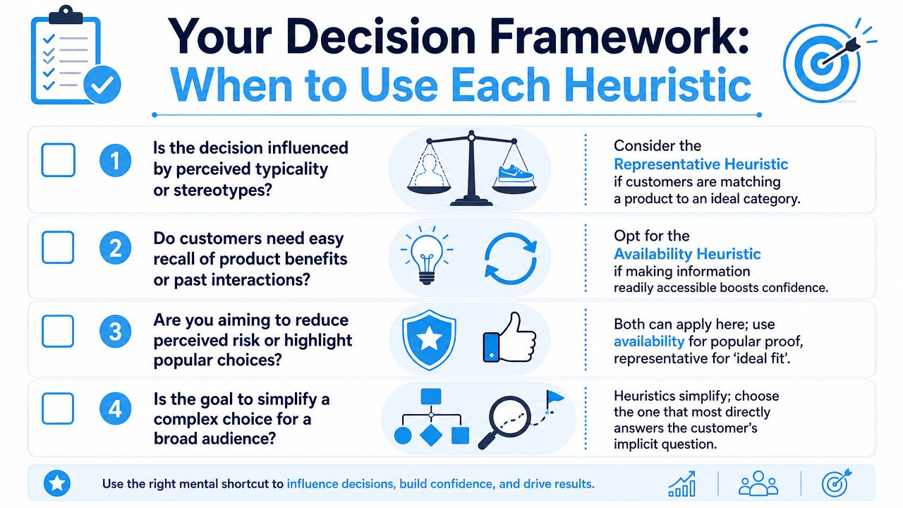 A decision framework chart explaining when to use the representative heuristic versus the availability heuristic in marketing.