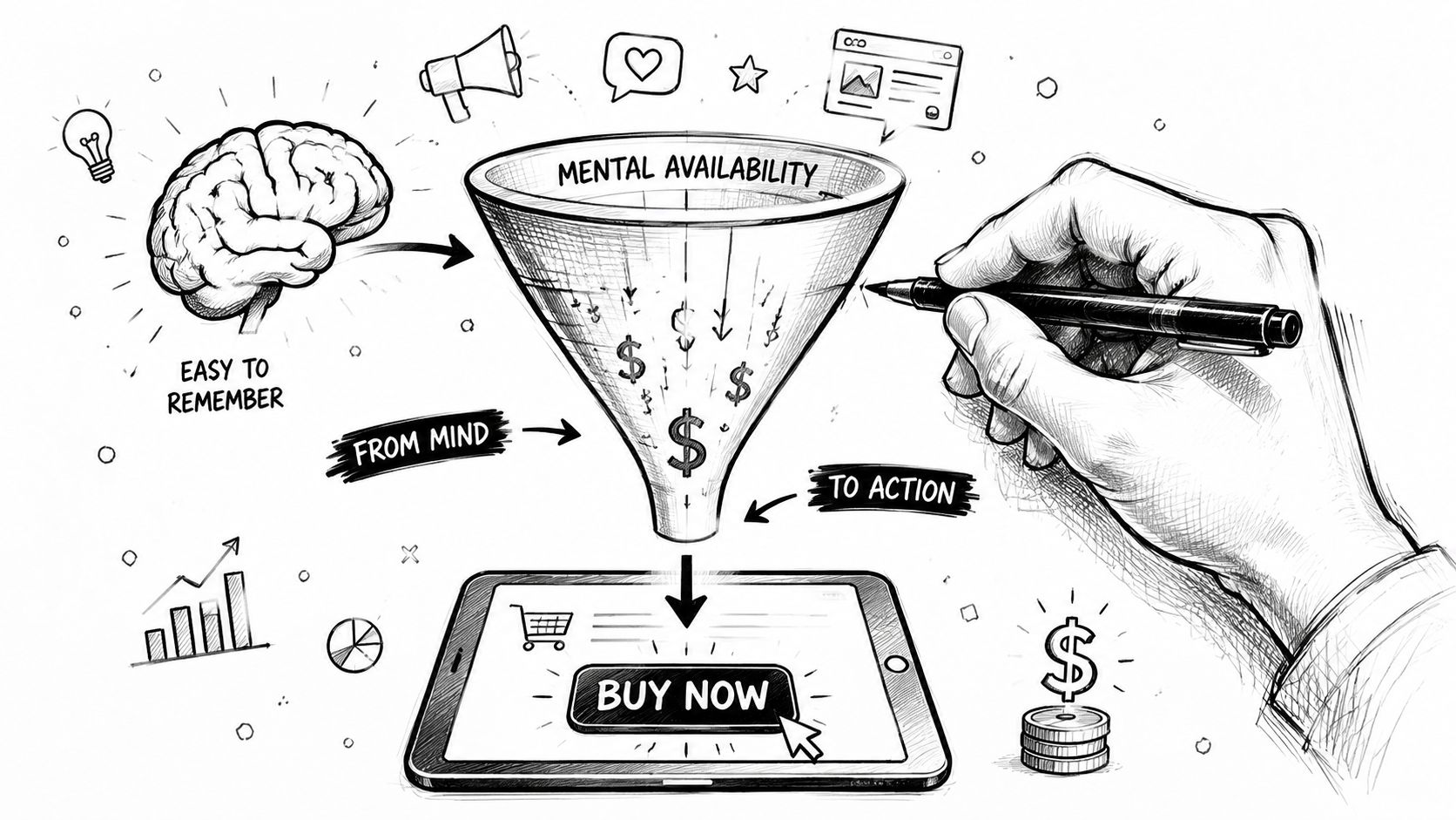 A hand-drawn illustration depicting a funnel transforming mental availability into actionable consumer purchases on a digital device.