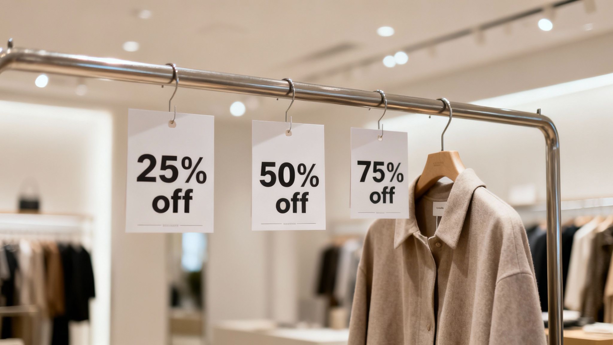 Three discount signs displaying 25%, 50%, and 75% off on a clothing rack in a retail store.
