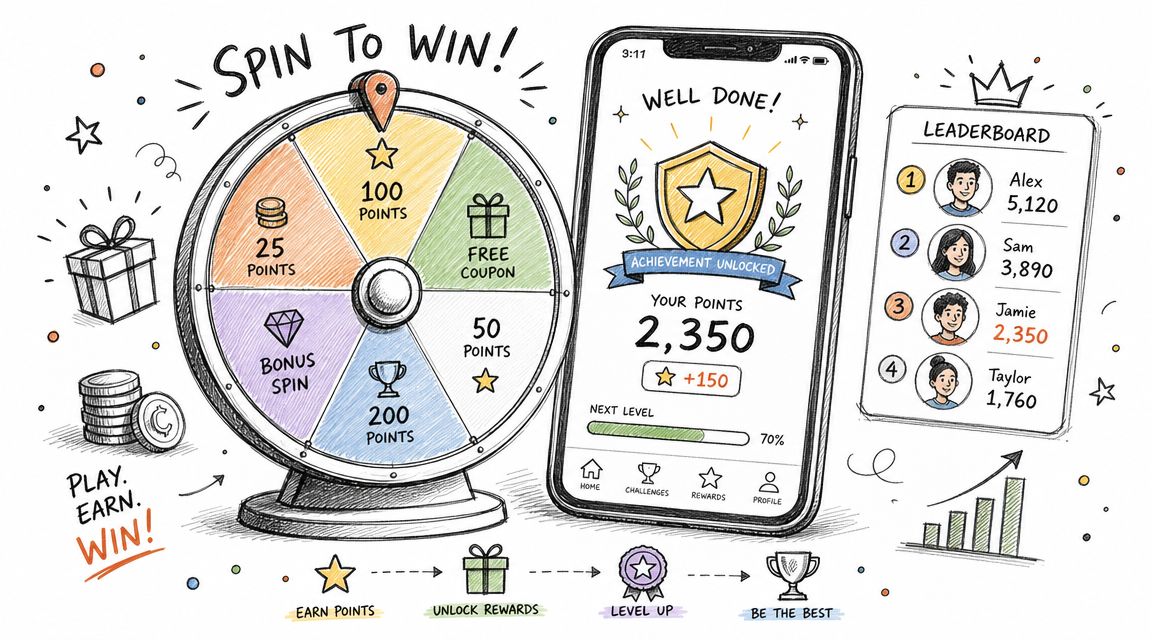 A hand-drawn illustration showing a spin-to-win wheel, a smartphone achievement screen, and a leaderboard representing game-based reward systems.