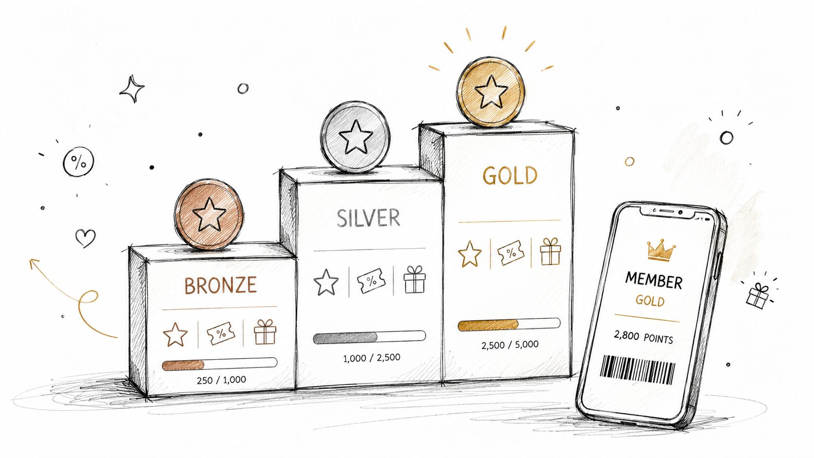 A hand-drawn illustration showing three membership tiers, Bronze, Silver, and Gold, with a mobile rewards app.