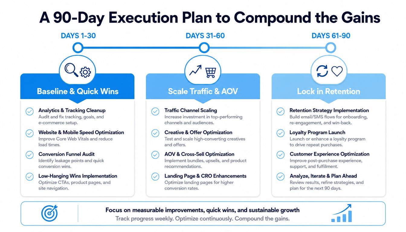 A strategic infographic outlining a 90-day e-commerce execution plan to increase sales and business growth.