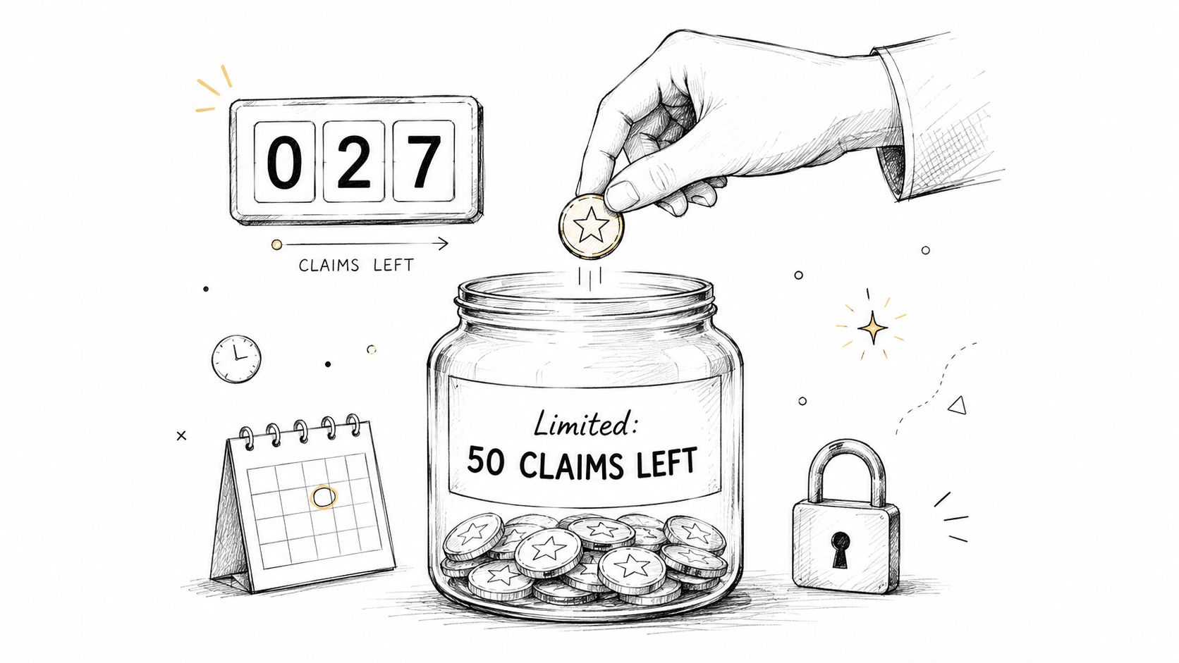 A hand dropping a star coin into a glass jar labeled with limited 50 claims left.