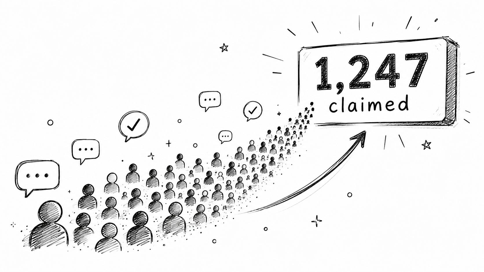 A hand-drawn sketch of a crowd of people moving toward a box showing 1,247 claimed.