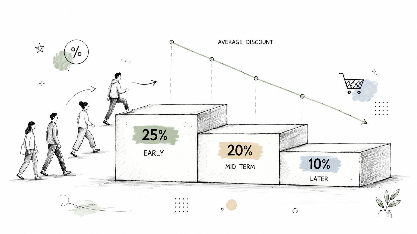 A hand-drawn illustration showing a decreasing discount scale labeled as early, mid-term, and later stages.