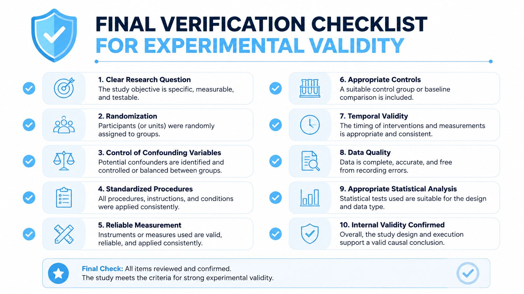 A checklist titled Final Verification Checklist for Experimental Validity outlining ten key steps for research design.