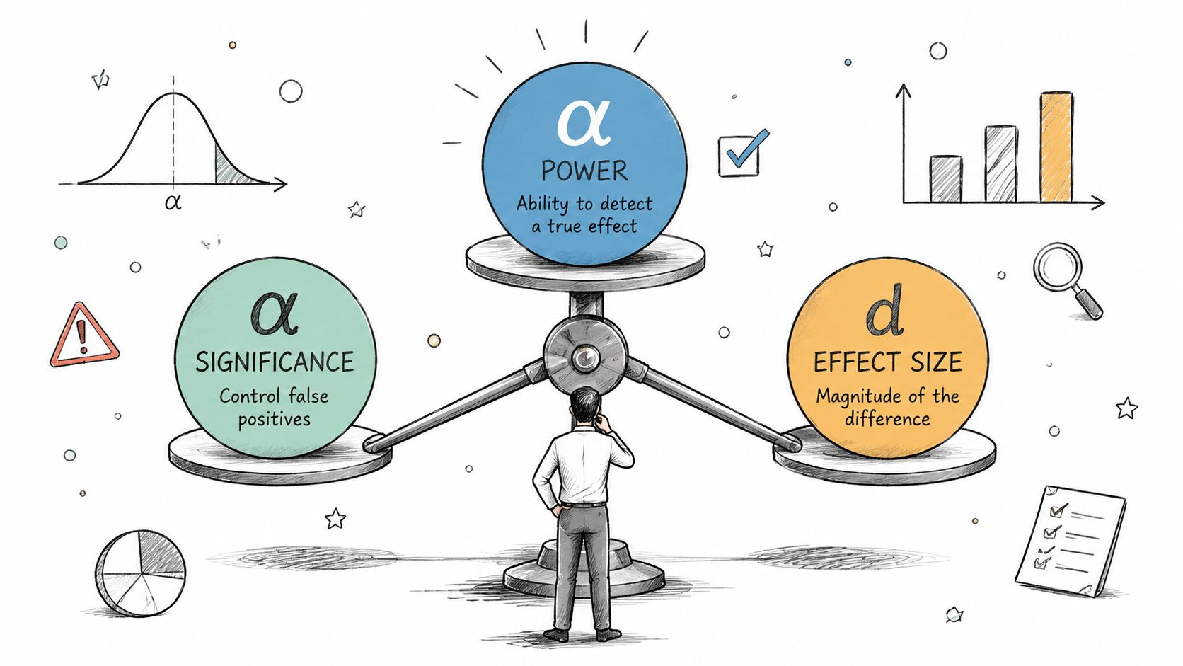 A conceptual diagram illustrating the balance between statistical power, significance level, and effect size in research.
