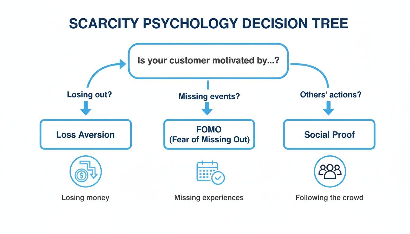 Decision tree illustrating scarcity psychology motivations like losing out, missing events, and others' actions.