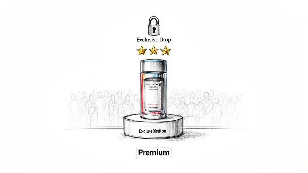An exclusive product bottle on a pedestal with a lock icon, surrounded by a sketched crowd, signifying premium access.