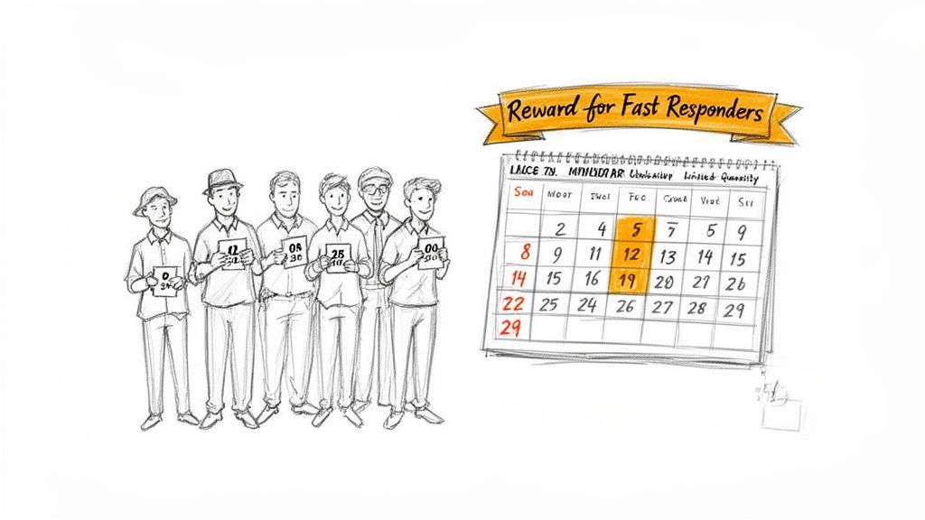 Cartoon of six men holding number signs and a calendar with 'Reward for Fast Responders' banner.