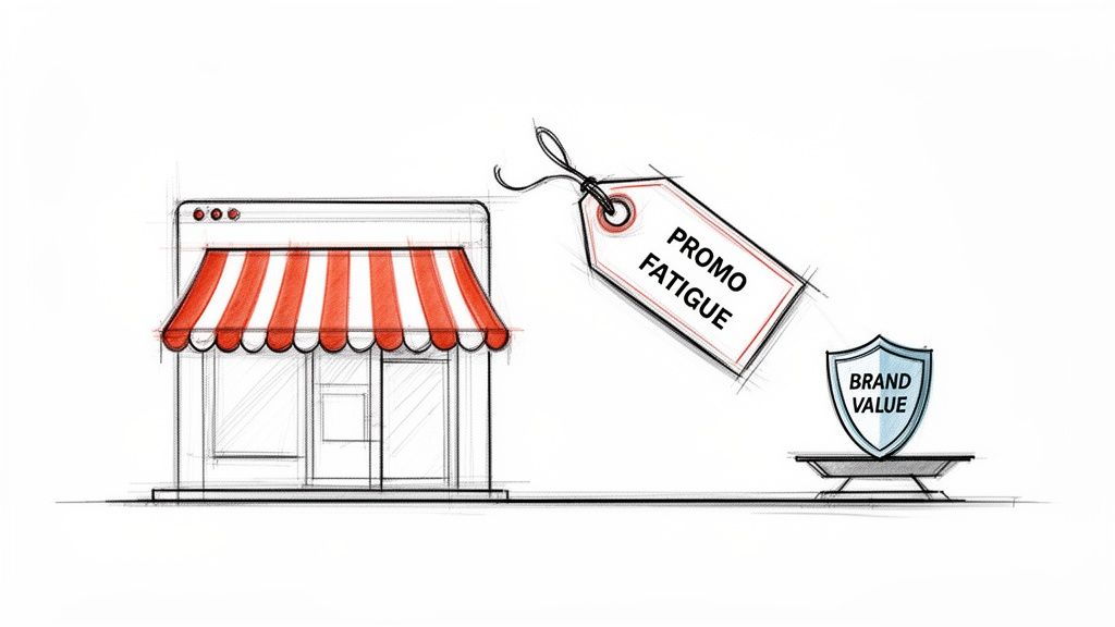 A large price tag labeled 'Promo Fatigue' hovers over a scale with a 'Brand Value' shield, next to a storefront.