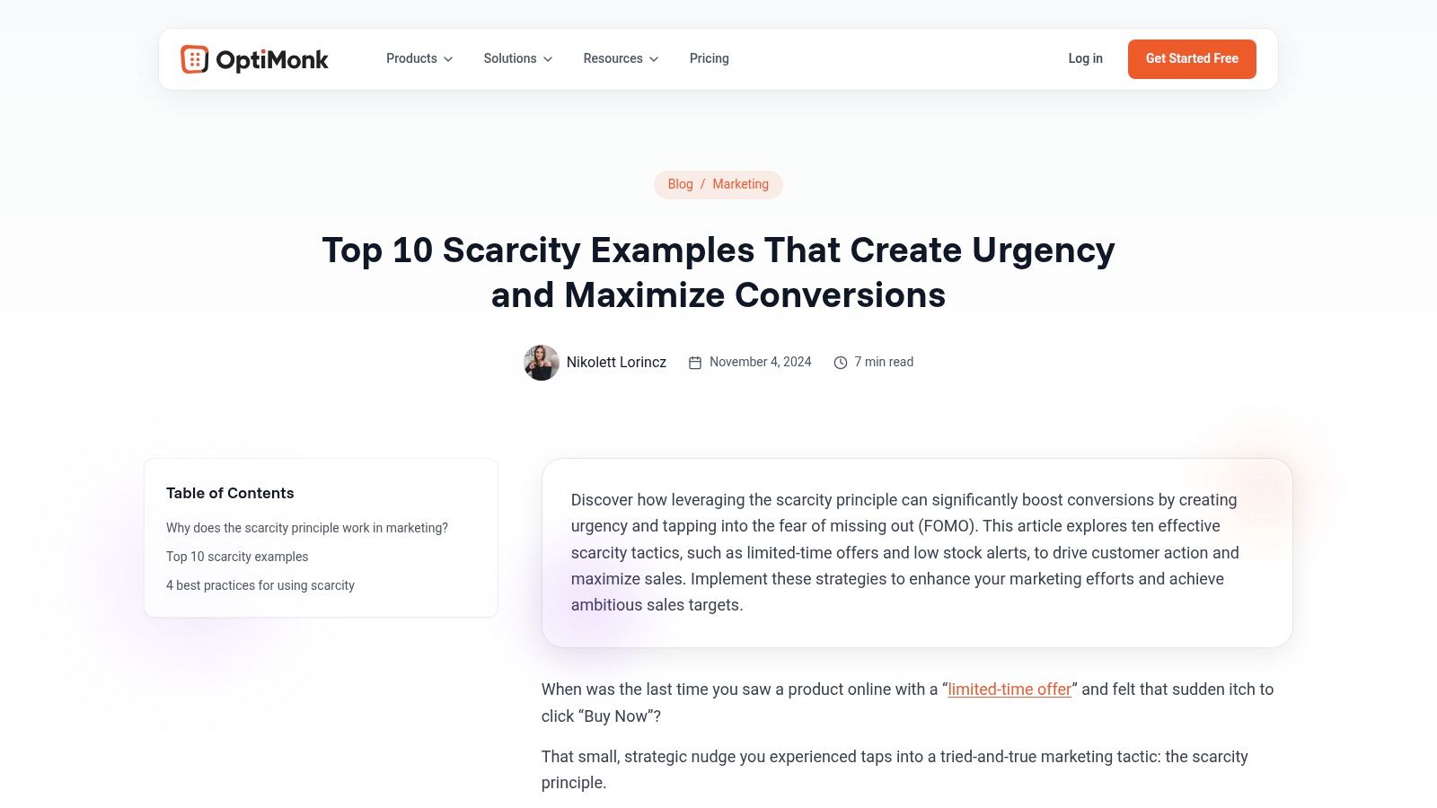 OptiMonk's blog post on scarcity marketing examples
