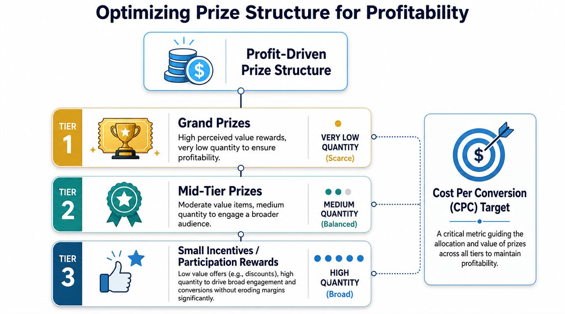 A diagram illustrating a profit-driven prize structure for sweepstakes, featuring three tiers of rewards based on quantity.