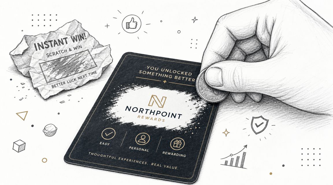 A hand scratches a Northpoint Rewards card with a coin, with a crumpled losing ticket nearby.