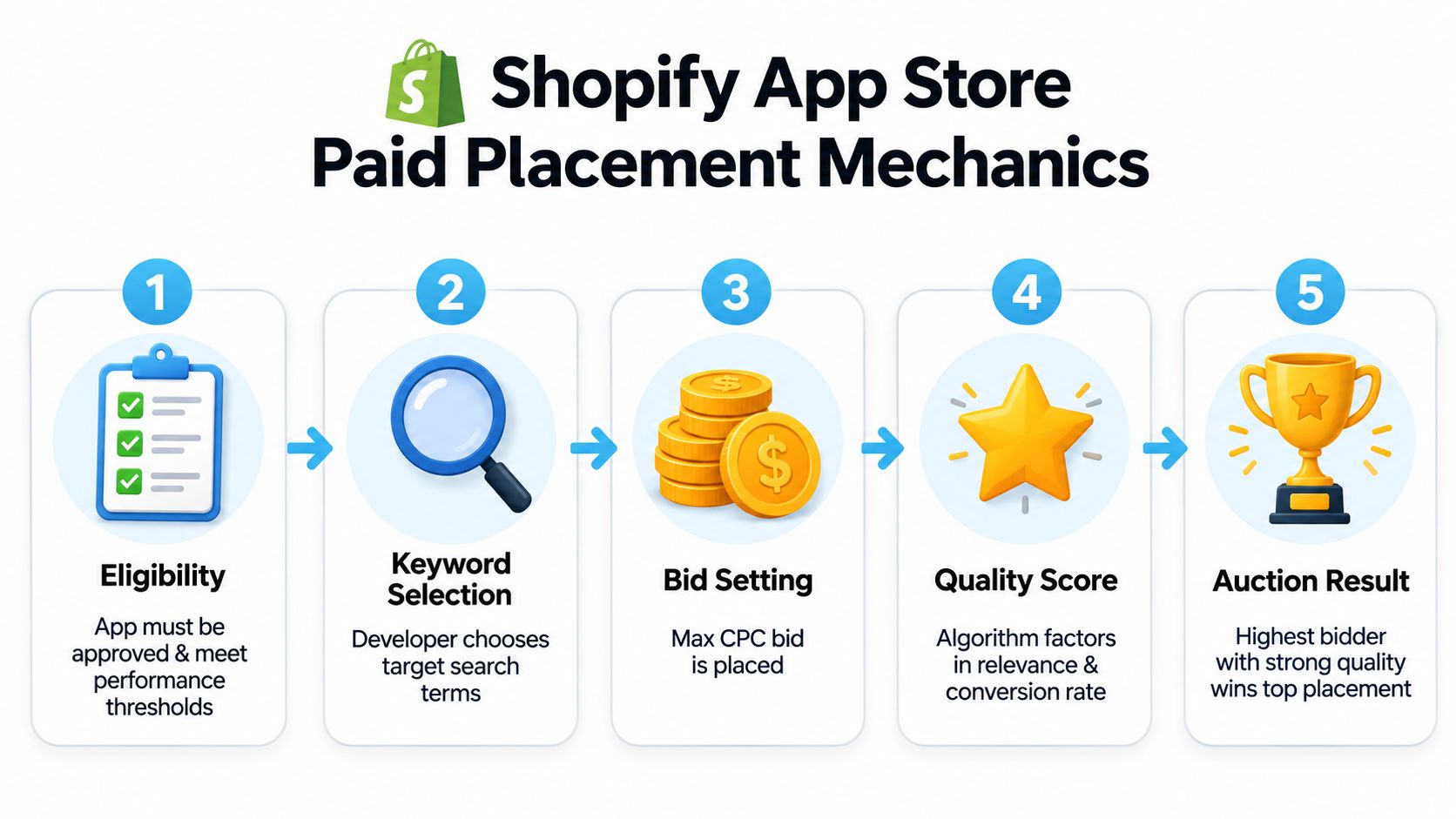 A five-step infographic showing the Shopify App Store paid placement process from eligibility to winning the auction.