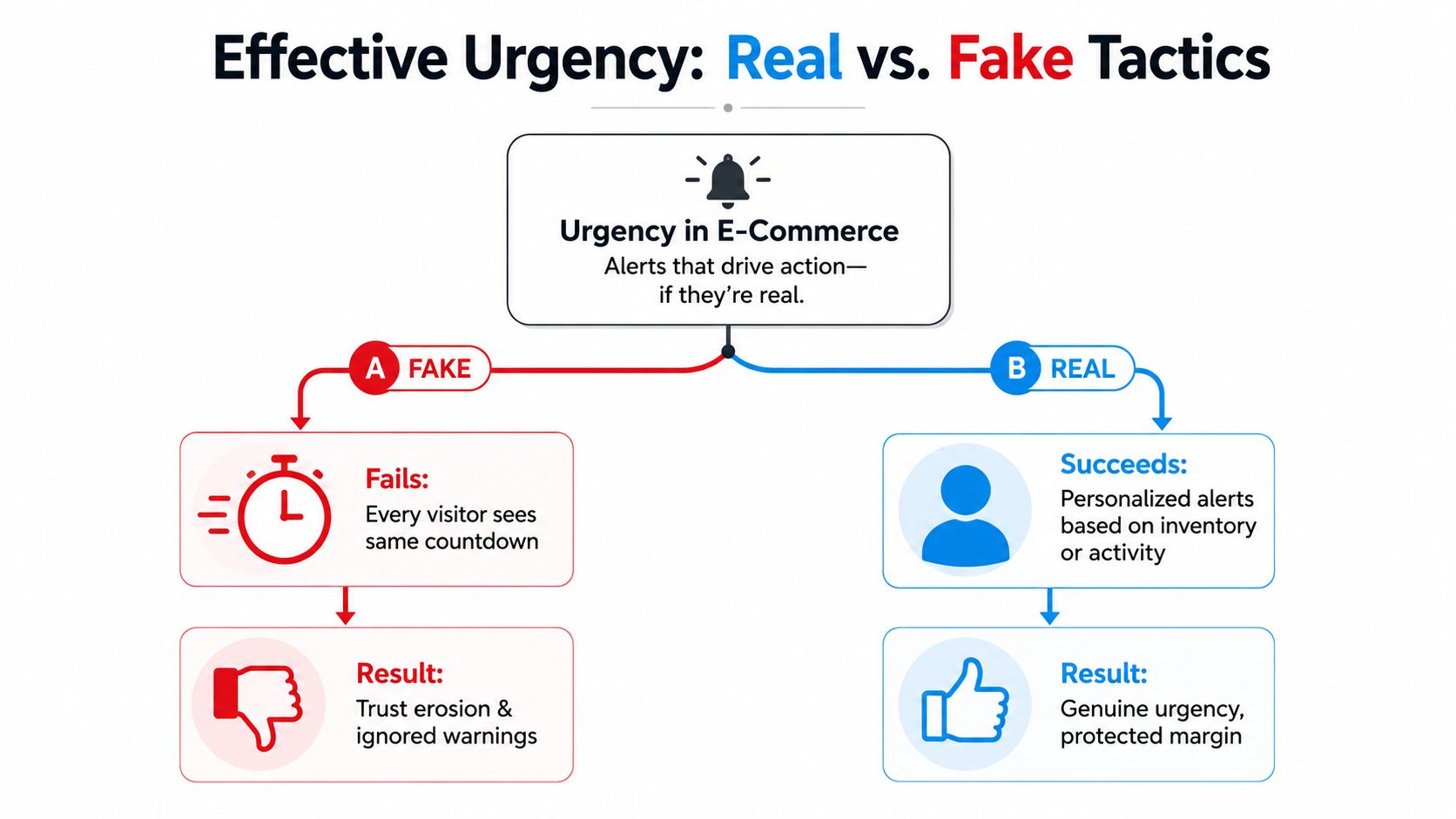 A diagram comparing fake urgency tactics to real, effective strategies for e-commerce website conversion optimization.
