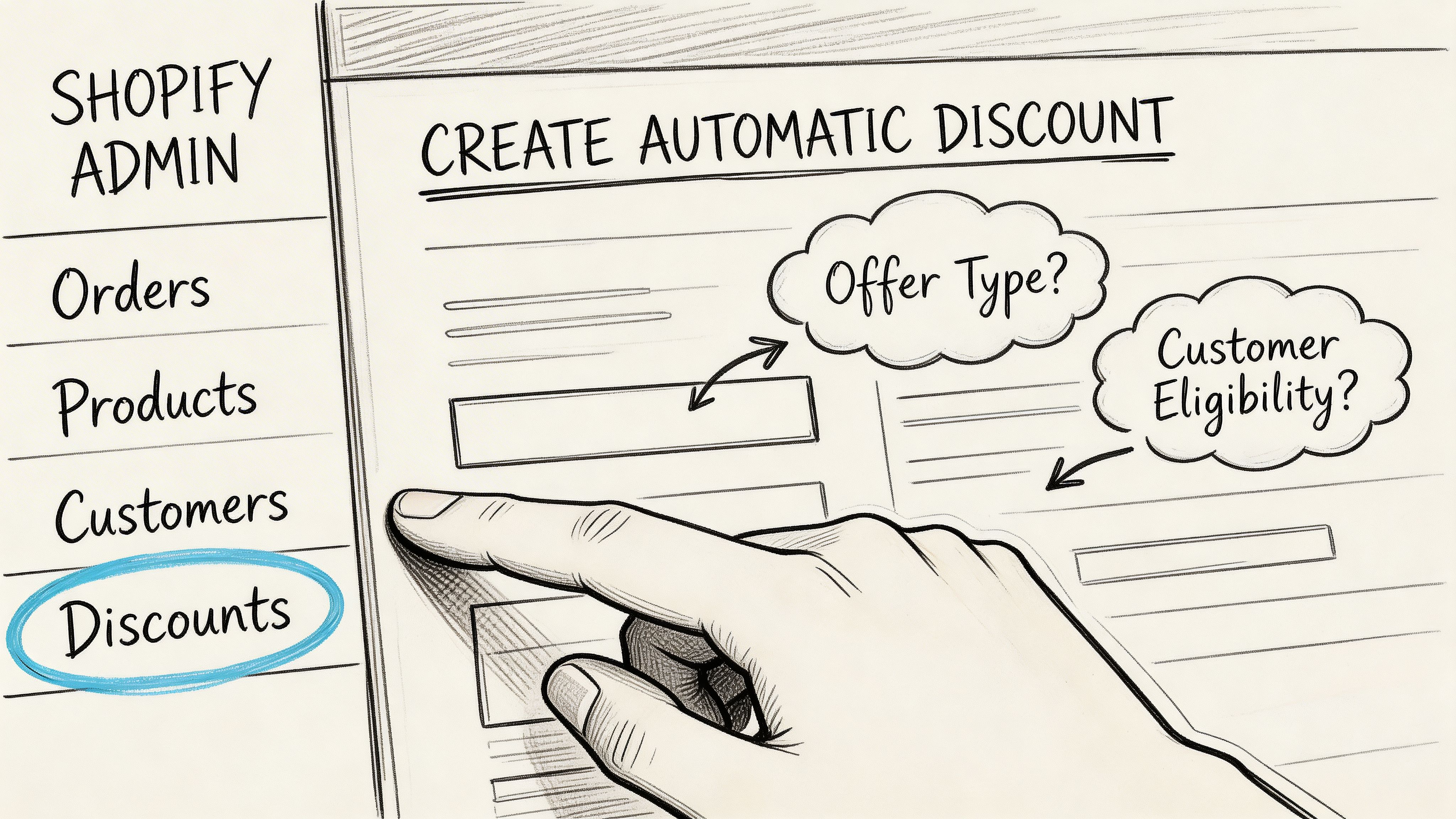 A hand illustrating the Shopify admin dashboard interface for setting up an automatic discount offer.