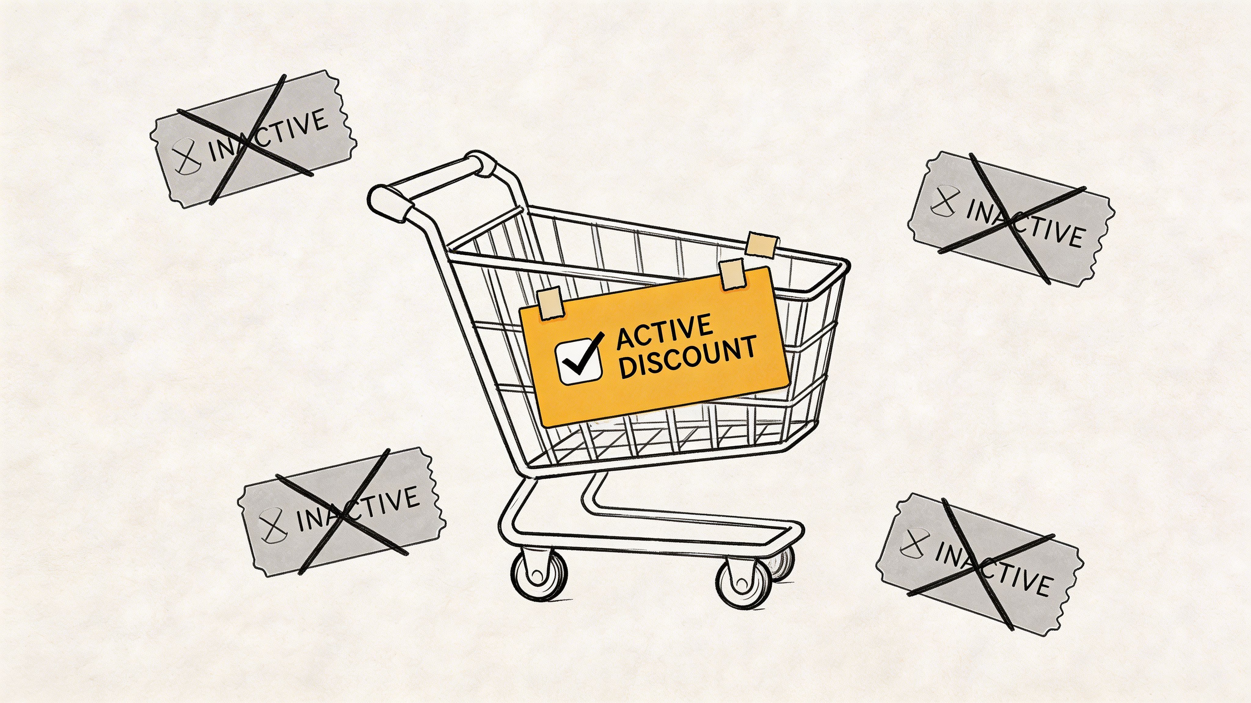 A shopping cart with an active discount tag surrounded by four crossed-out inactive discount tickets.