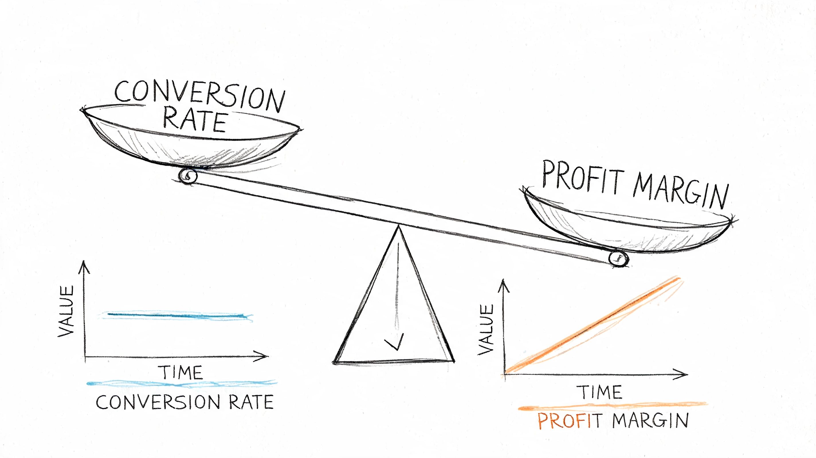A hand-drawn illustration showing a balance scale comparing conversion rate versus profit margin over time.