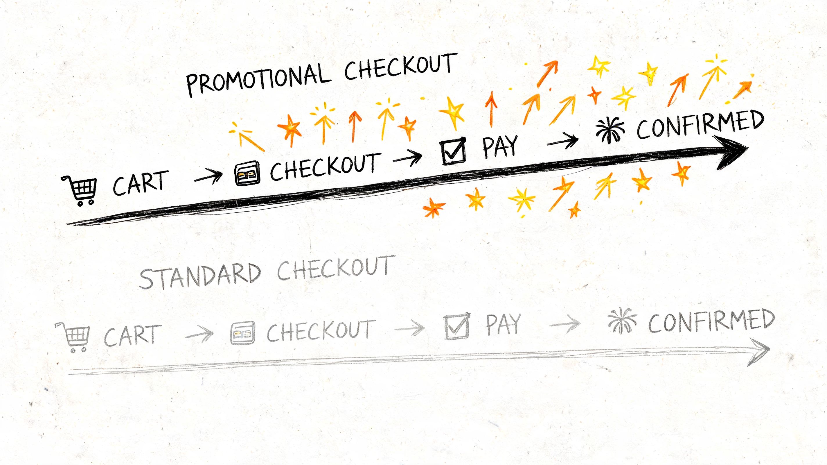 A hand-drawn illustration comparing a faster Promotional Checkout process to a standard checkout experience.