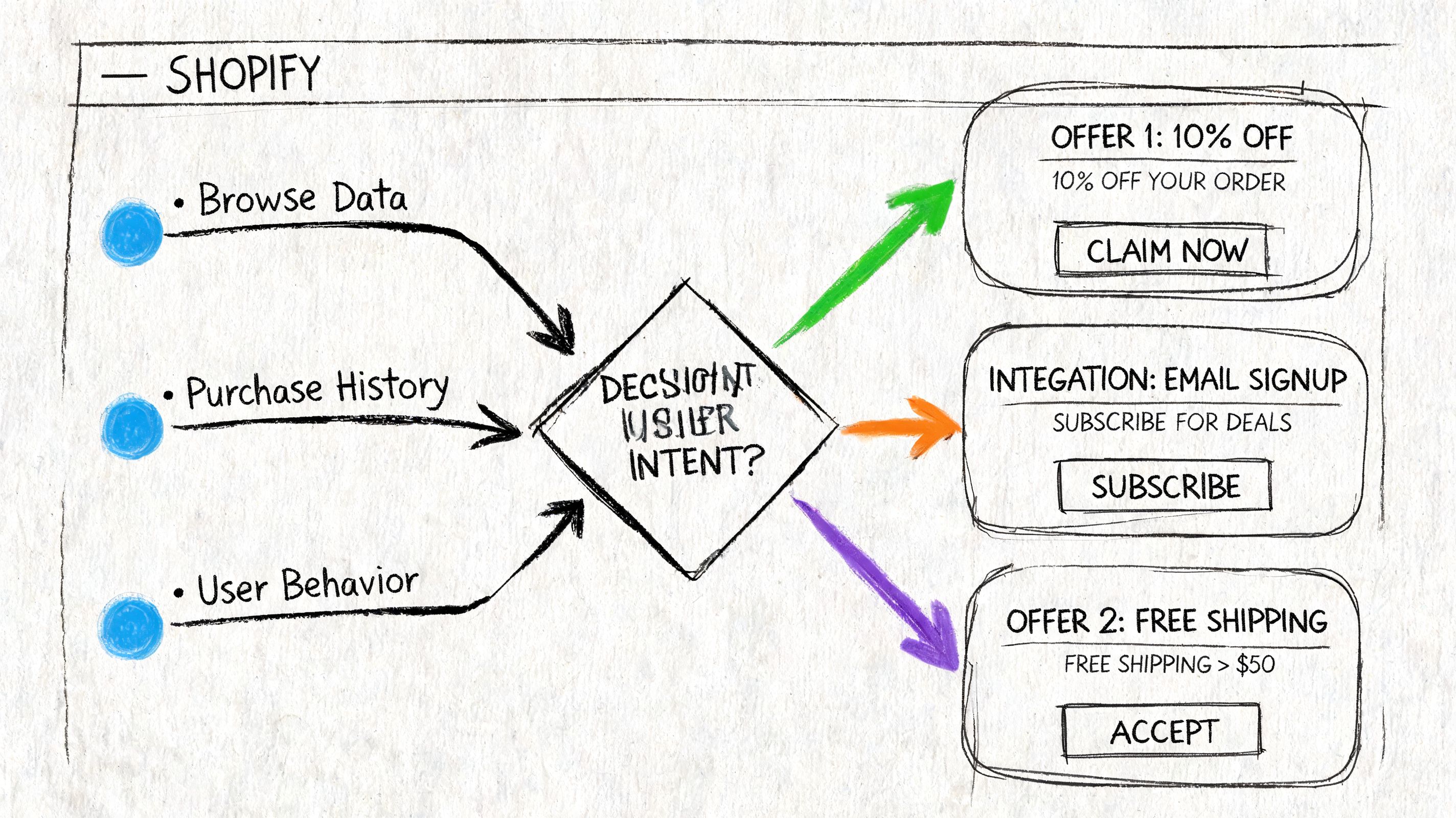 A hand-drawn flowchart diagram visualizing Shopify user intent strategies including data collection, decision logic, and conversion offers.