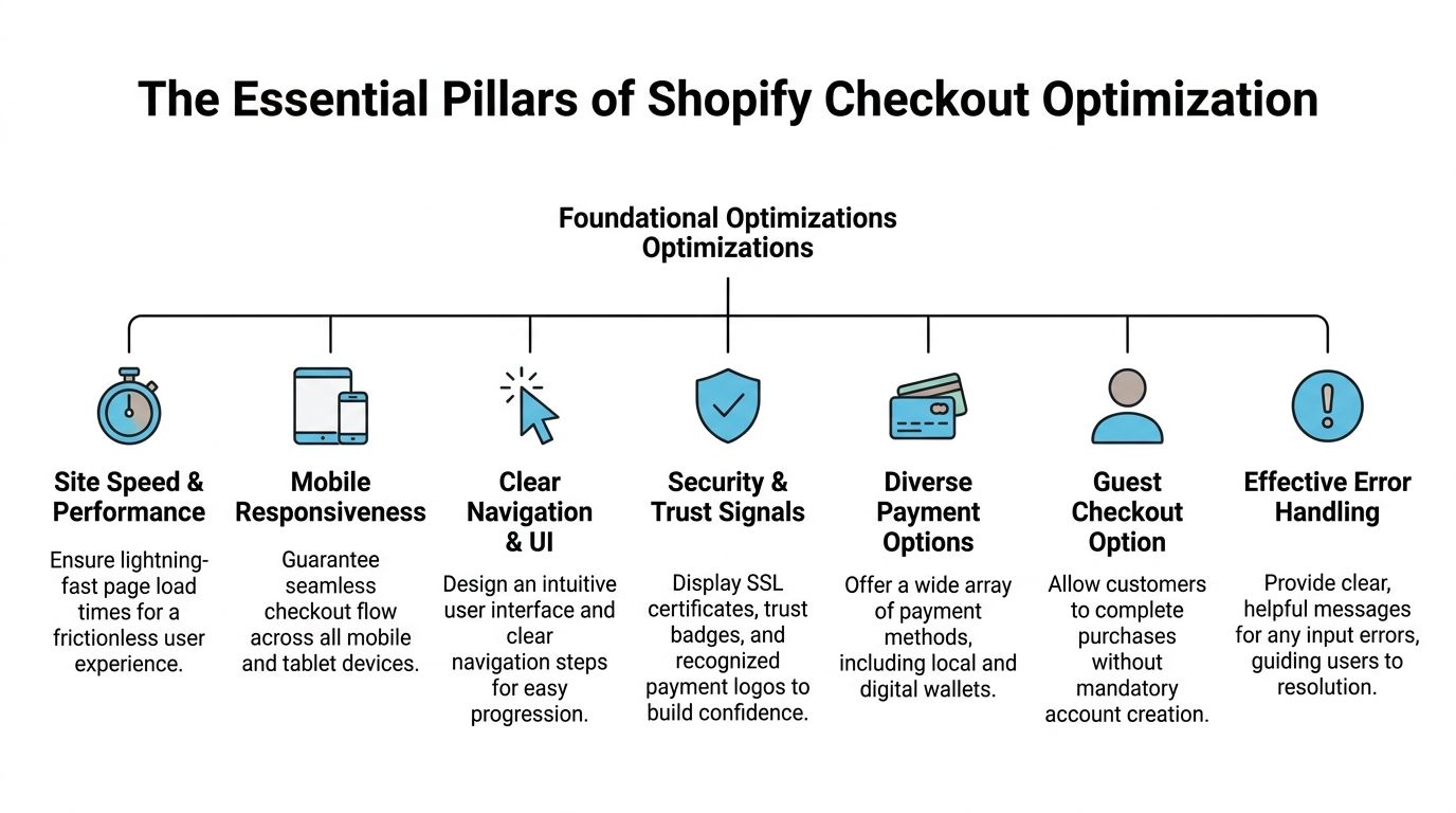 A diagram outlining seven essential pillars for optimizing a Shopify checkout process, including performance, security, and navigation.