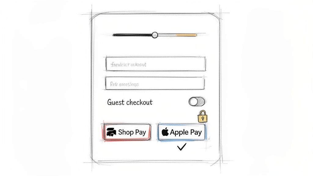 Hand-drawn mobile UI sketch displaying a checkout page with Shop Pay and Apple Pay options.