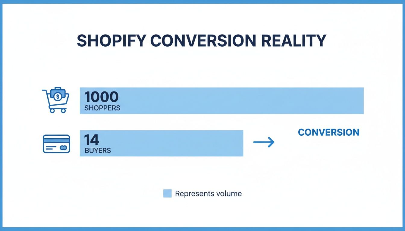 Infographic illustrating Shopify conversion reality: 1000 shoppers lead to 14 buyers, highlighting the conversion rate.