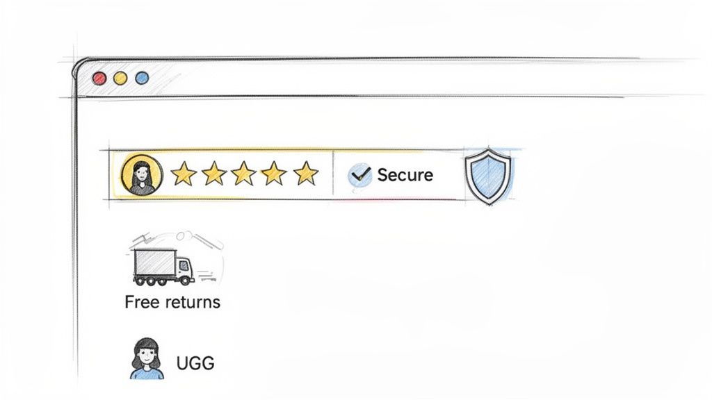 Hand-drawn sketch of an e-commerce website interface with user reviews, security, and free returns.