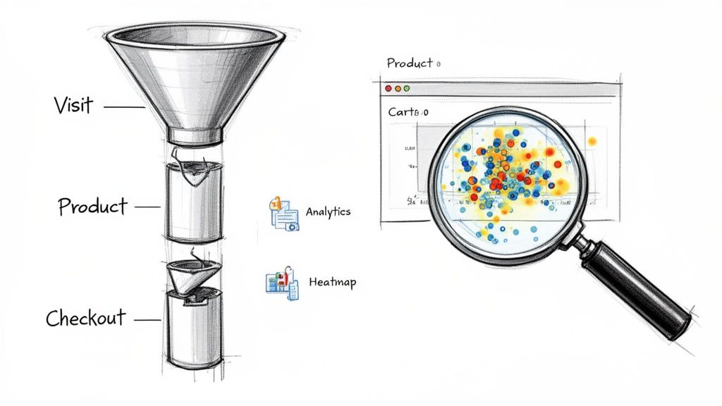 Conversion funnel with stages (Visit, Product, Checkout), illustrating analytics and heatmap tools for optimization.