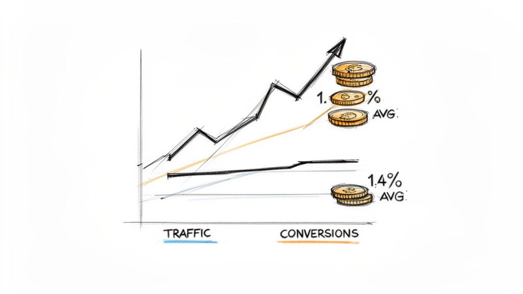 Hand-drawn graph illustrating increasing traffic and conversions, with average percentages and stacks of money coins.