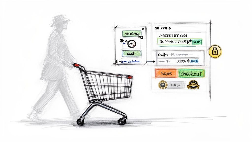 A sketch showing a person pushing a shopping cart next to hand-drawn e-commerce checkout screens.
