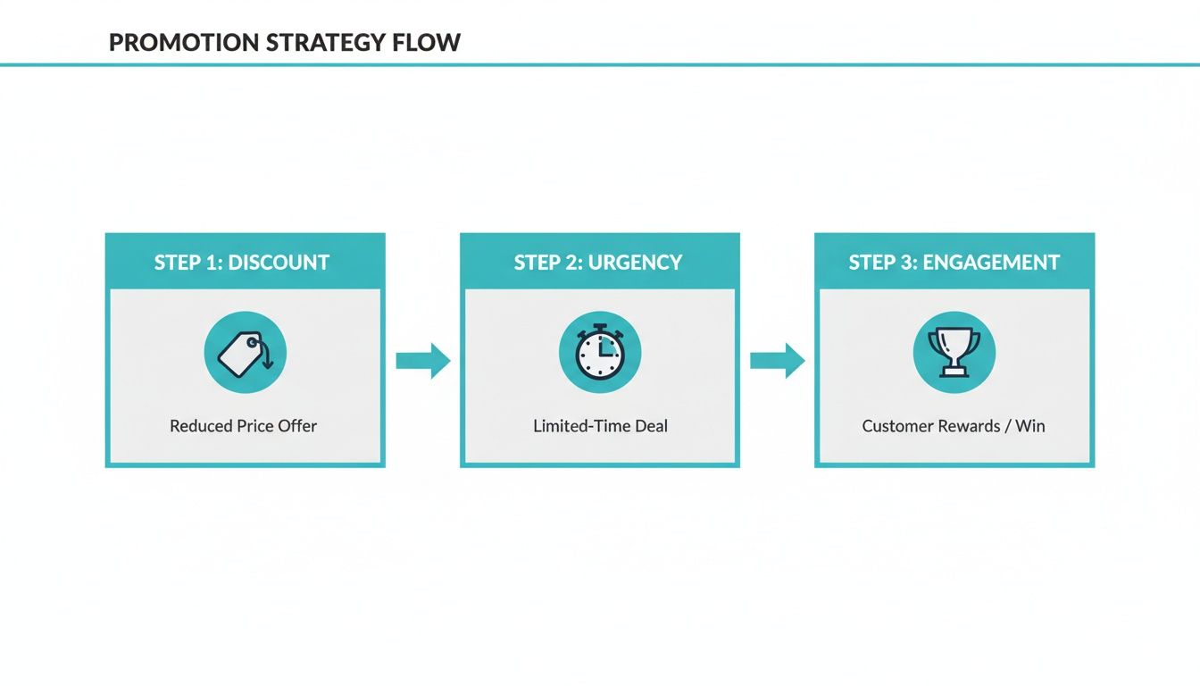 Flowchart detailing a three-step promotion strategy: discount, urgency, and customer engagement.