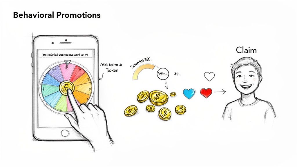 A mobile app with a spin wheel game demonstrating behavioral promotions, rewarding coins and hearts to a happy user.