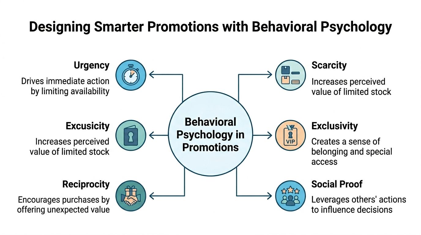 A diagram illustrating six behavioral psychology principles to design effective customer promotional strategies for businesses.