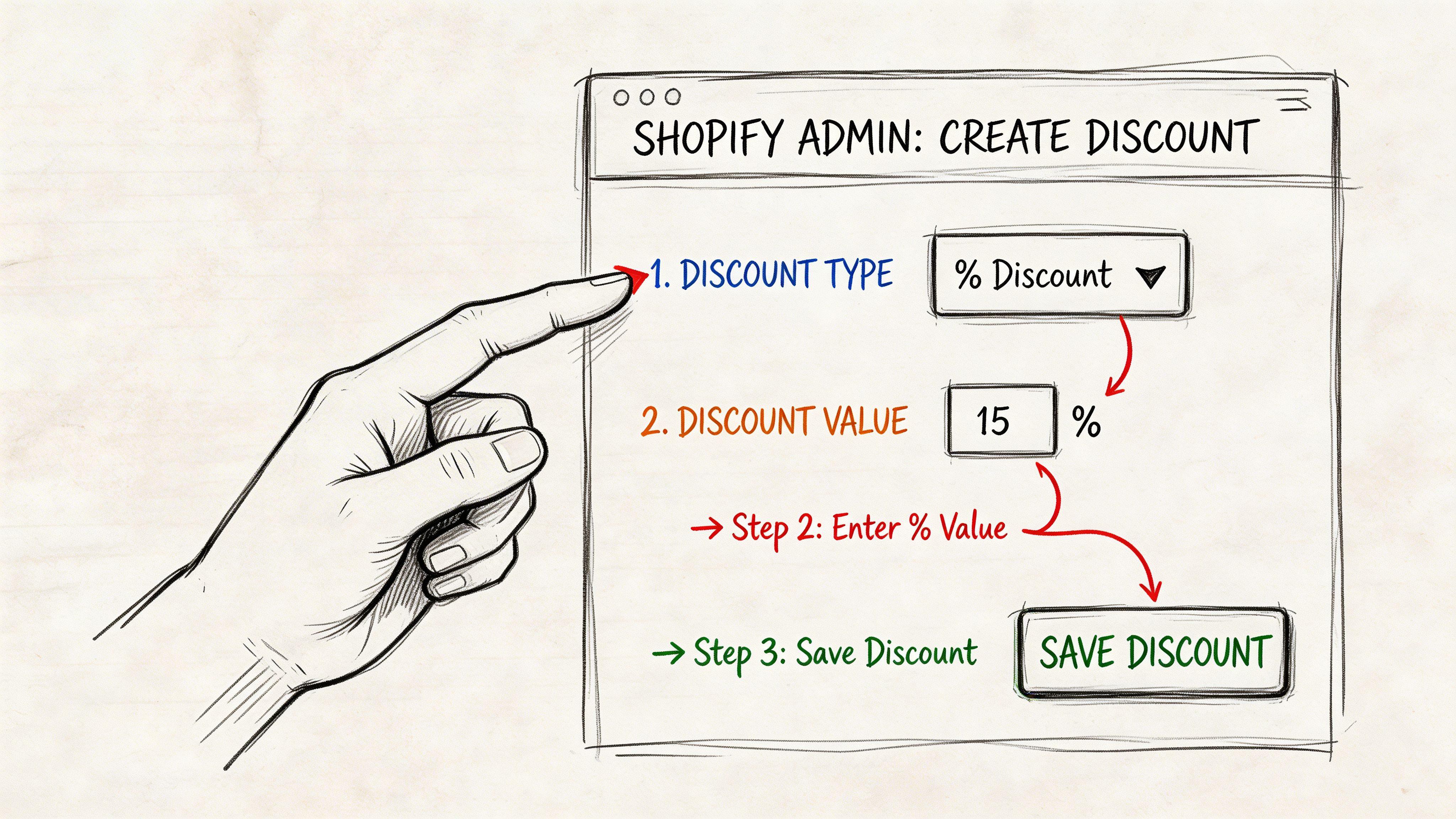 A hand-drawn illustration showing three steps in the Shopify admin panel to create a percentage discount.