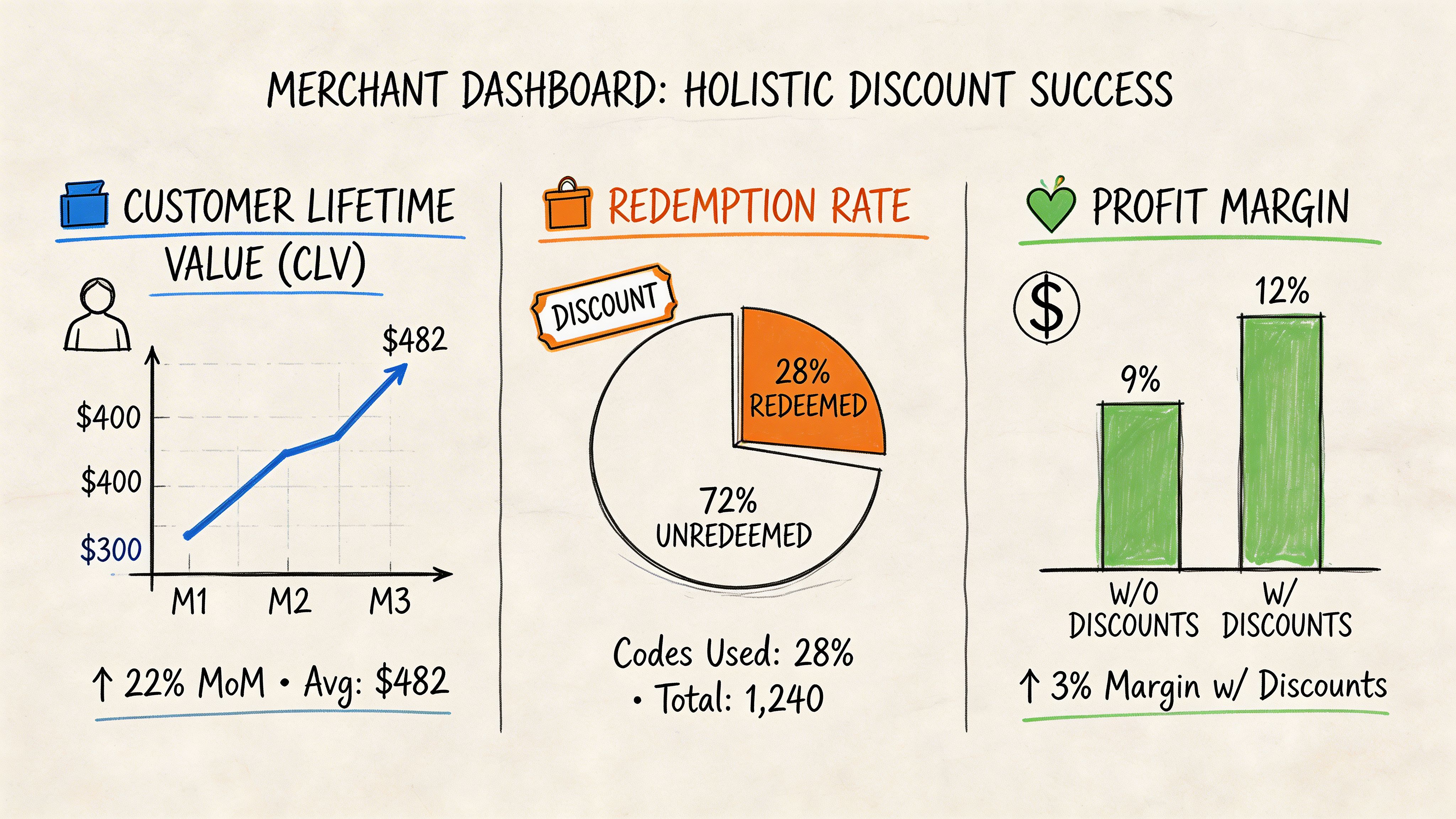 A hand-drawn business dashboard showing customer lifetime value growth, discount redemption rates, and profit margin comparisons.