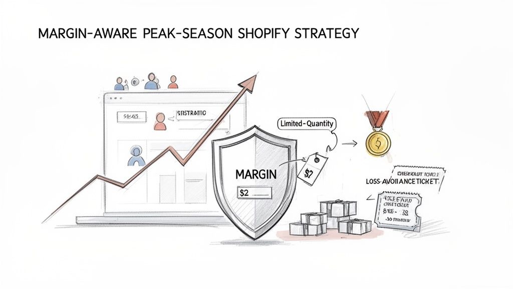 Illustration depicting a margin-aware Shopify strategy for peak season with growth, limited quantity, and profit focus.