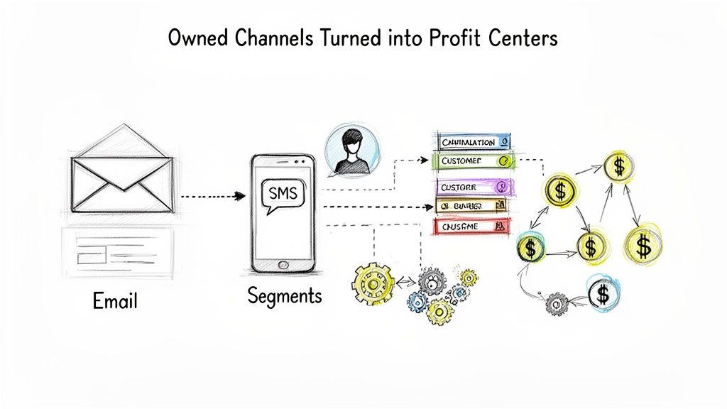 Diagram showing how owned channels like email and SMS generate profit through customer segmentation.