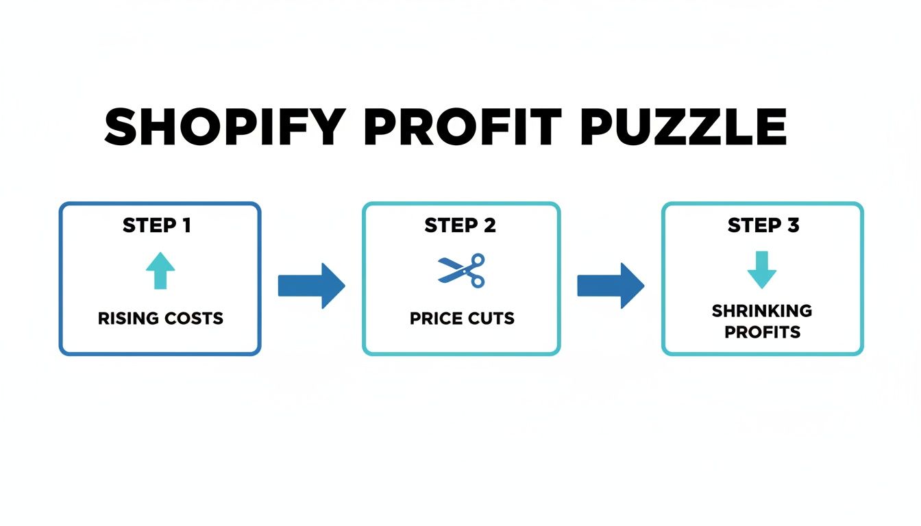 A three-step diagram illustrates the Shopify profit puzzle: rising costs, price cuts, and shrinking profits.