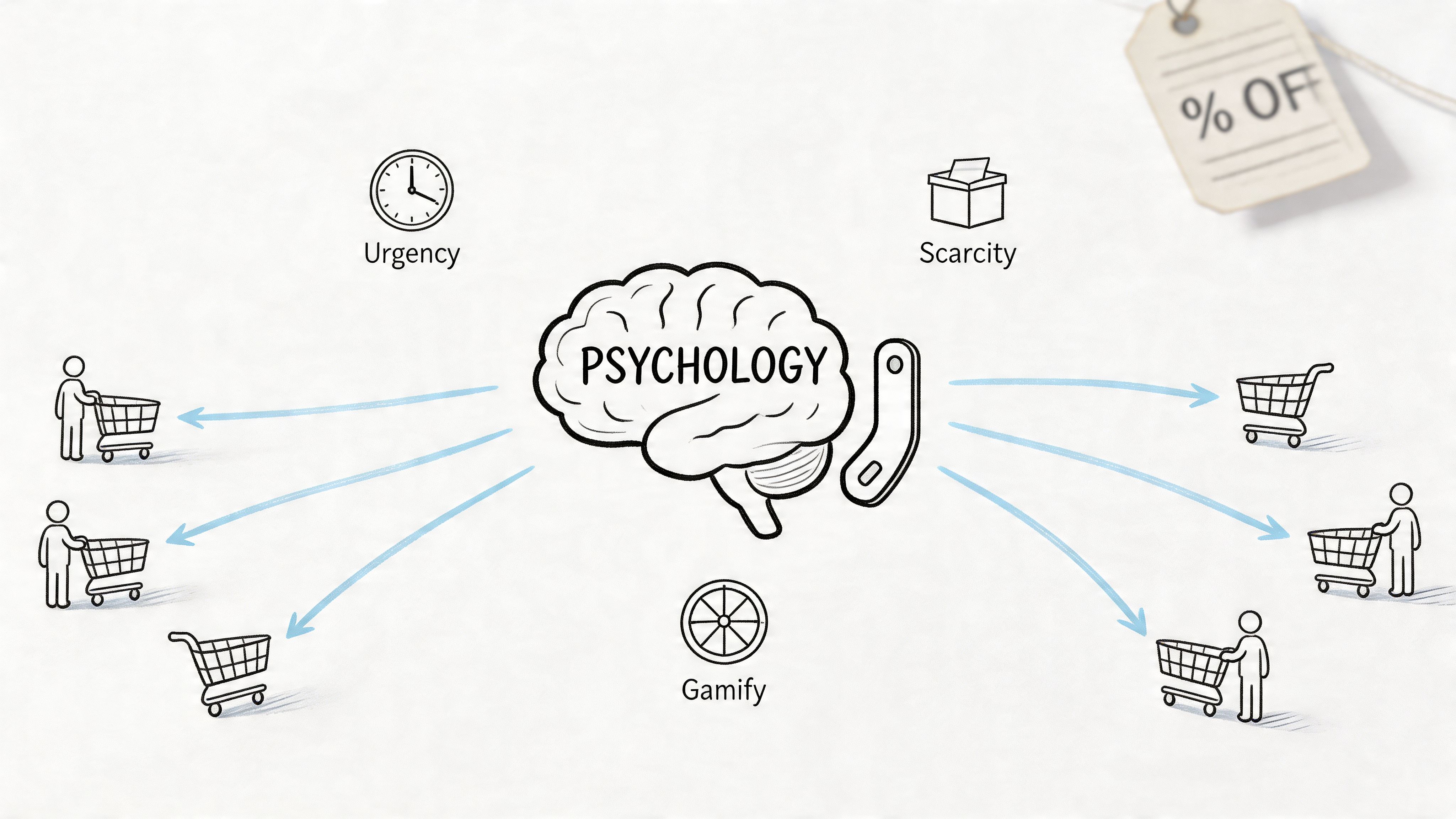 A hand-drawn illustration showing a brain labeled Psychology connecting to various shopping icons representing marketing strategies.