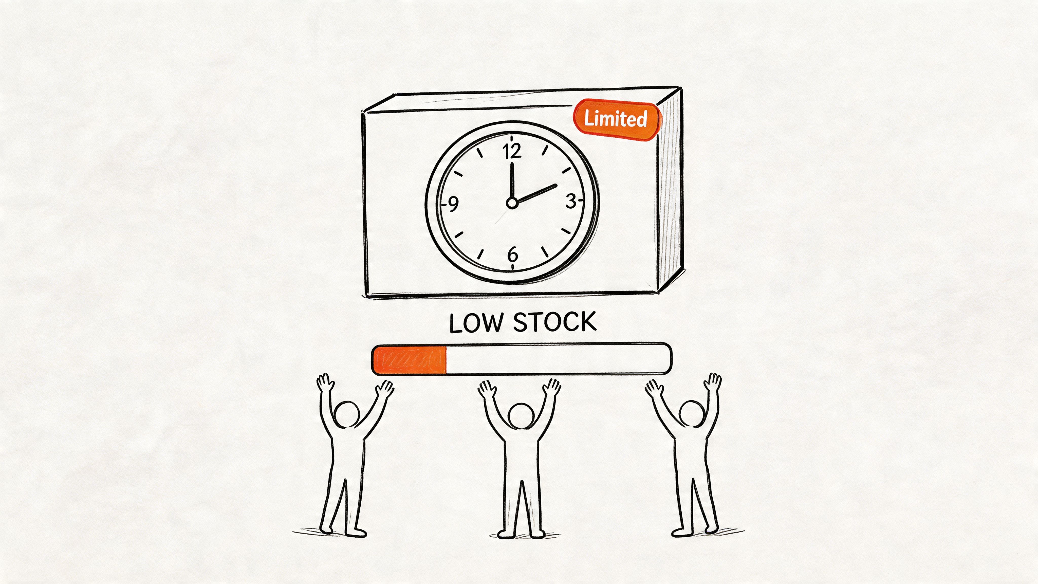 A hand-drawn illustration showing a clock on a box with limited stock and people holding a progress bar.