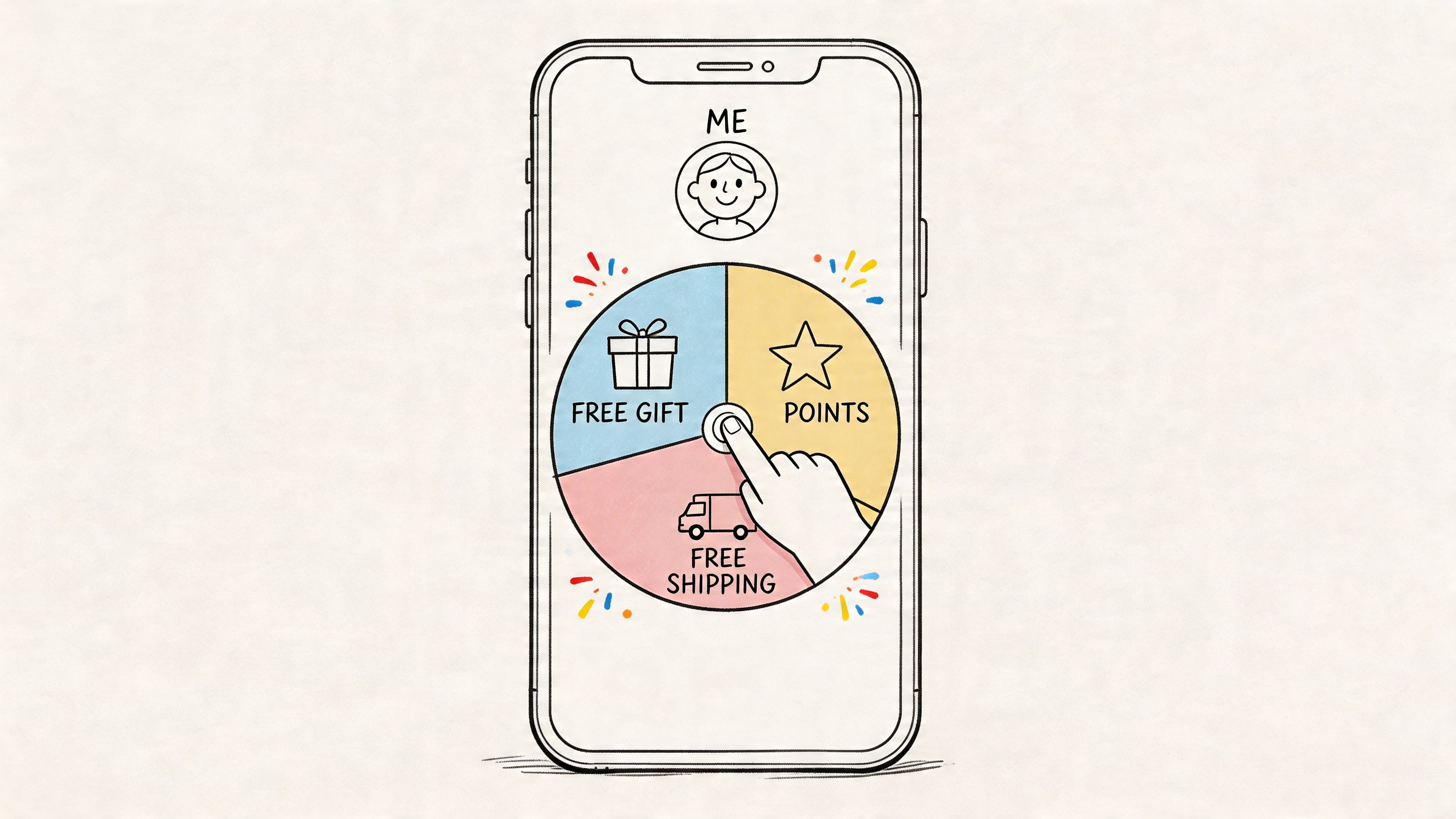 A hand interacts with a prize wheel on a smartphone screen showing options for rewards.