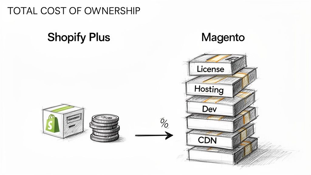 Visual comparison of Total Cost of Ownership: Shopify Plus is simpler, Magento shows many stacked hidden costs.
