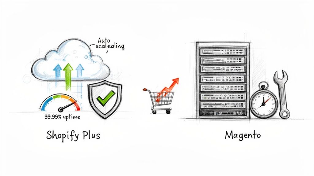 Image comparing Shopify Plus (cloud, auto-scaling, high uptime) with Magento (on-premise server, maintenance, time).